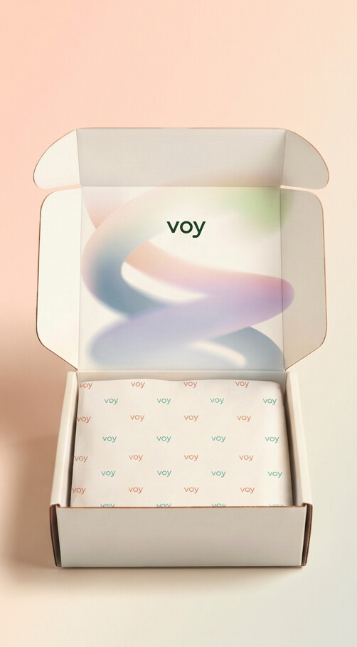 Caixa Voy aberta com Voytex impresso na tampa